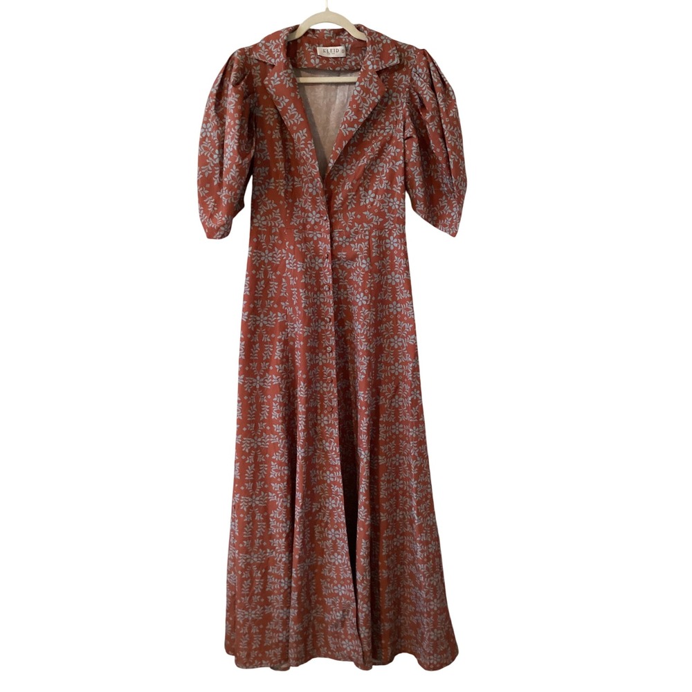 KLEID For Her Floral Print Maxi Dress Puff Sleeve Collared Rust Small‎